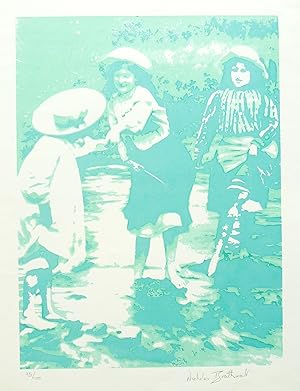 Silkscreen of Three girls in Edwardian dress fishing