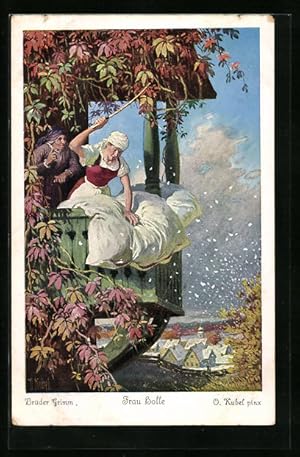 Bild des Verkufers fr Knstler-Ansichtskarte Otto Kubel: Brder Grimm, Frau Holle, Mdchen schttelt die Betten auf, Mrchen zum Verkauf von Bartko-Reher