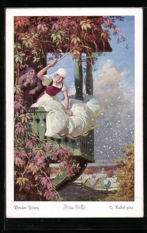 Bild des Verkufers fr Knstler-Ansichtskarte Otto Kubel: Brder Grimm, Frau Holle, Mdchen schttelt das Bett auf, Mrchen zum Verkauf von Bartko-Reher