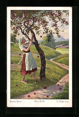 Bild des Verkufers fr Knstler-Ansichtskarte Otto Kubel: Brder Grimm, Frau Holle, Mdchen schttelt die pfel vom Baum, Mrchen zum Verkauf von Bartko-Reher