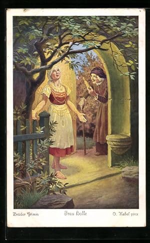 Bild des Verkufers fr Knstler-Ansichtskarte Otto Kubel: Brder Grimm, Frau Holle, Die Alte gibt dem Mdchen goldene Spule, Mdchen zum Verkauf von Bartko-Reher