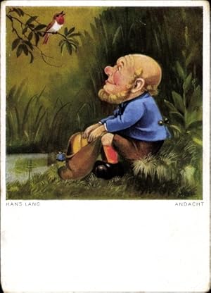Künstler Ansichtskarte / Postkarte Lang, Hans, Andacht, Zwerg lauscht einem Rotkehlchen