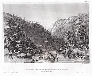 Bild des Verkufers fr Die Goldwschen am Mokelumne River in Californien" - Californien California River Ansicht view engraving zum Verkauf von Antiquariat Steffen Vlkel GmbH