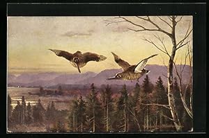 Bild des Verkufers fr Knstler-Ansichtskarte Zwei Zugvgel ber einer waldigen Landschaft zum Verkauf von Bartko-Reher
