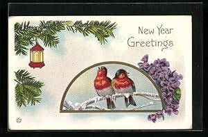 Imagen del vendedor de Prge-Ansichtskarte Zwei Singvgel auf einer Stange, Tannenzweig mit Laterne - Neujahrsgruss a la venta por Bartko-Reher