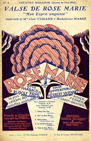 Seller image for Partition de "Valse de Rose Marie (Mon esprit angoiss)", couplets chants par Mlles Clo VIDIANE et Madeleine MASSE, dans l'oprette en deux actes "Rose marie" de Otto HARBACH et Oscar HAMMERSTEIN sur une musique de Rudolf FRIML for sale by Bouquinerie "Rue du Bac"