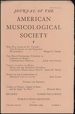 Bild des Verkufers fr Journal of the American Musicological Society (Volume XXXVII, Number 2, Summer 1984) zum Verkauf von Diatrope Books