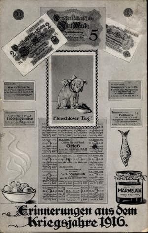 Bild des Verkufers fr Ansichtskarte / Postkarte Erinnerungen aus dem Kriegsjahre 1916, Darlehenskassenscheine, Fleischloser Tag, Marmelade zum Verkauf von akpool GmbH
