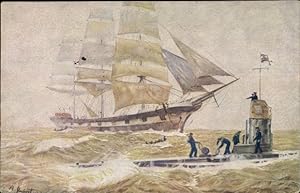 Künstler Ansichtskarte / Postkarte Hubert, A., Deutsches U Boot, Tauchboot versenkt feindlichen S...