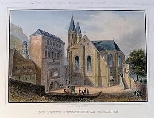 Die Burkhardtskirche zu Würzburg. Altkolor. Stahlstich von J. Poppel. 11 x 16,2 cm um 1850.