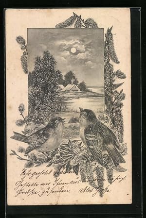 Imagen del vendedor de Knstler-Ansichtskarte Zwei Singvgel vor einer Seenlandschaft a la venta por Bartko-Reher