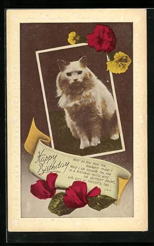 Bild des Verkufers fr Knstler-Ansichtskarte Weisse Katze im Rahmen, Blumen - Geburtstagsgruss zum Verkauf von Bartko-Reher