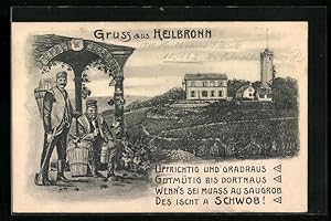 Bild des Verkufers fr Knstler-Ansichtskarte Heilbronn, Ortspartie mit Turm, Zwei Schwaben nach der Weinlese, Spruch zum Verkauf von Bartko-Reher