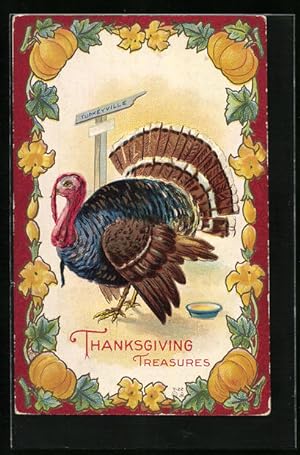 Bild des Verkufers fr Prge-Ansichtskarte Thanksgiving Treasures, Truthahn mit Krbissen zum Verkauf von Bartko-Reher