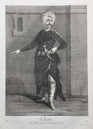 Seller image for Chatir ou Valet de pied du Grand Visir." - Ottoman Empire soldier Soldat Trkei Turkey / Rare original engraving out of "Recueil de cent estampes representant differentes Nations du Levant" from 1714 for sale by Antiquariat Steffen Vlkel GmbH