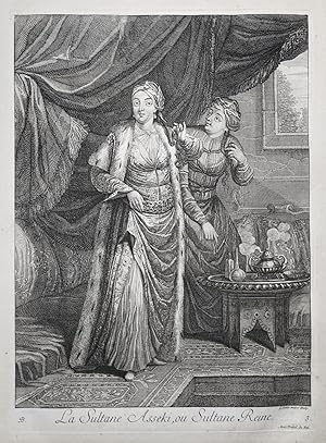 Seller image for La Sultane Asseki, ou Sultane Reine" - Sultan first consort Ahmed III Ottoman Empire Istanbul Turkey / Depicts the first consort of Sultan Ahmed III; Her name was Emetullah Kadin, she died in 1740. / Rare original engraving out of "Recueil de cent estampes representant differentes Nations du Levant" from 1714 for sale by Antiquariat Steffen Vlkel GmbH