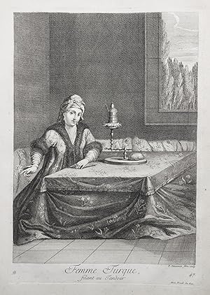 Seller image for Femme Turque filand au Tandour" - Turkish woman spinning thread Spinnen Frau Ottoman Empire Trkei Turkey / Rare original engraving out of "Recueil de cent estampes representant differentes Nations du Levant" from 1714 for sale by Antiquariat Steffen Vlkel GmbH