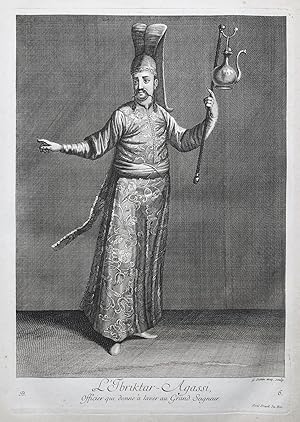 Seller image for L'Ibriktar-Agassi, Officier qui donne a laver au Grand Seigneur" - Ottoman Empire Trkei Turkey / The water-bearer to the Sultan / Rare original engraving out of "Recueil de cent estampes representant differentes Nations du Levant" from 1714 for sale by Antiquariat Steffen Vlkel GmbH