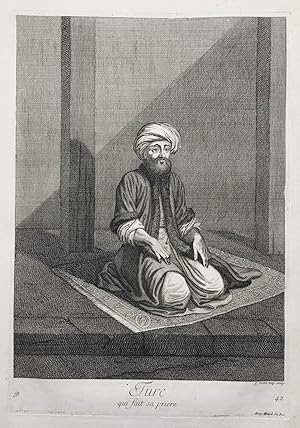 Seller image for Turc, qui fait sa priere" -Turkish man praying prayer Gebet costumes Trachten Ottoman Empire Trkei Turkey / Rare original engraving out of "Recueil de cent estampes representant differentes Nations du Levant" from 1714 for sale by Antiquariat Steffen Vlkel GmbH