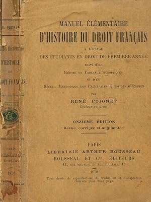 Bild des Verk�ufers f�r Manuel elementaire d'histoire du droit fran�ais a l'usage des etudiants en droit de premiere annee zum Verkauf von Biblioteca di Babele