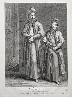 Seller image for Armenien qui va a l'Eglise pour se marier, accompagn du Compere qui porte son sabre" - Armenian couple Armenia costumes Trachten / Rare original engraving out of "Recueil de cent estampes representant differentes Nations du Levant" from 1714 for sale by Antiquariat Steffen Vlkel GmbH