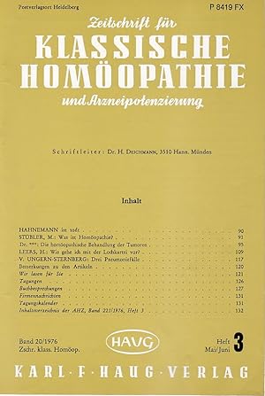Zeitschrift für Klassische Homöopathie und Arzneipotenzierung. Band 20/1976, Heft 3, Mai/Juni.
