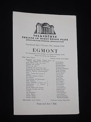 Imagen del vendedor de Programmzettel Volksbhne Theater am Horst-Wessel-Platz 1933/34. EGMONT von Goethe. Insz.: Heinz Hilpert, musikal. Ltg.: Kurt Heuser, Bhnenbild: Ernst Schtte, techn. Ltg.: Hans Sachs. Mit Ewald Balser (Egmont), Gerda Mller, Heinrich Marlow, Ernst Karchow, Wolfgang Liebeneiner, Carsta Lck, Lotte Stein, Wilhelm Schmieden a la venta por Fast alles Theater! Antiquariat fr die darstellenden Knste