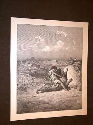 Bild des Verkufers fr Incisione di Gustave Dor del 1880 Bibbia Sansone uccide leone Bible Engraving zum Verkauf von LIBRERIA IL TEMPO CHE FU