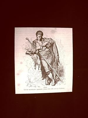 Seller image for Incisione di Gustave Dor del 1874 Moda e costume in Spagna Giovane mendicante for sale by LIBRERIA IL TEMPO CHE FU
