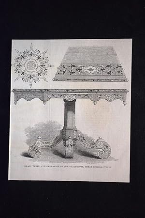 Image du vendeur pour Tavolo intarsiato e ornamenti in alto - Caldecott,via Russell Incisione del 1851 mis en vente par LIBRERIA IL TEMPO CHE FU