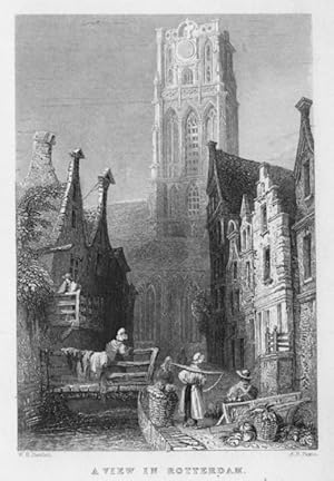 STREET VIEW IN ROTTERDAM and ST LAWRENCE CHURCH,ca1840's Steel Engraving,Historical Antique Print
