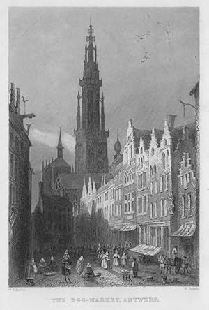 HISTORICAL VIEW OF THE ANTWERP EGG MARKET,ca1840's Steel Engraving,Historical Antique Print