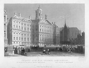VIEW OF AMSTERDAM PALACE AND OLD CHURCH,ca1840's Steel Engraving,Historical Antique Print