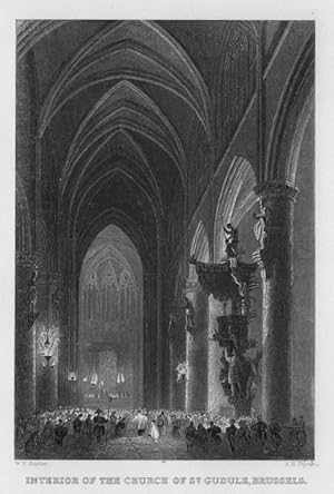 EXTERIOR VIEW OF THE CHURCH OF ST GUDULE IN BRUSSELS,ca1840's Steel Engraving,Historical Antique ...