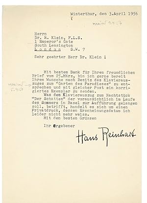 TYPED LETTER SIGNED BY HANS REINHART to renowned collector of Hans Christian Andersen Dr. Richard...