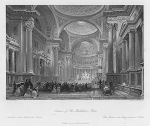 INTERIOR OF THE MADELEINE CHURCH IN PARIS,1845 Steel Engraving,Antique French Landscape print