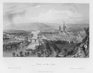 VIEW OF ROUEN ON THE SEINE,1845 Steel Engraving,Antique French Landscape print