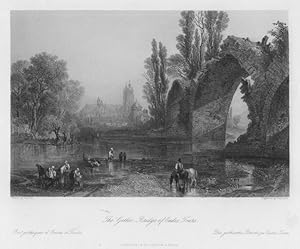 THE GOTHIC BRIDGE AND CATHEDRAL OF EUDES TOURS ON THE LOIRE RIVER IN FRANCE,1845 Steel Engraving,...