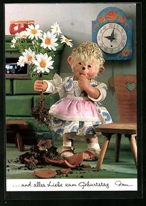 Bild des Verkufers fr Ansichtskarte Meckis Frau hlt Blumen in der Hand, .und alles Liebe zum Geburtstag! zum Verkauf von Bartko-Reher