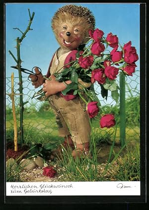 Bild des Verkufers fr Ansichtskarte Mecki hlt einen Rosenstrauss im Arm, Herzlichen Glckwunsch zum Geburtstag! zum Verkauf von Bartko-Reher