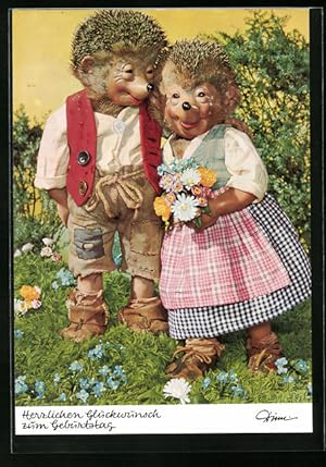 Bild des Verkufers fr Ansichtskarte Mecki steht mit seiner Frau im Garten, Herzlichen Glckwunsch zum Geburtstag! zum Verkauf von Bartko-Reher