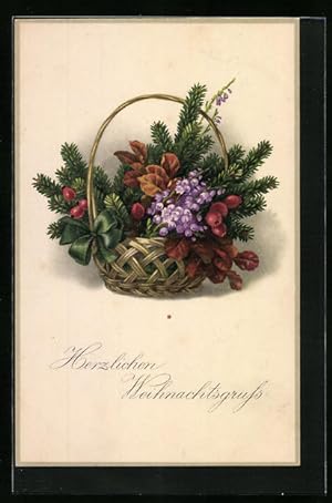 Bild des Verkufers fr Knstler-Ansichtskarte Herzlichen Weihnachtsgruss, Korb voller Tannenzweigen zum Verkauf von Bartko-Reher