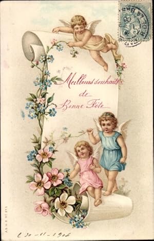 Ansichtskarte / Postkarte Glückwunsch, Bonne Fete, Engel, Blumen, Vergissmeinnicht