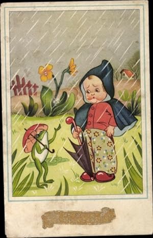 Ansichtskarte / Postkarte Regnerisches Wetter, Junge mit Regenschirm, Frosch, Blumen