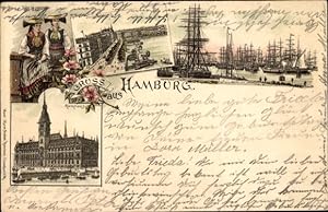 Litho Hamburg MItte Altstadt, Hafenpartie, Segelschiffe, Vierländerin, Jungfernstieg