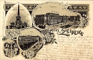 Seller image for Litho Leipzig in Sachsen, Mendebrunnen, Museum, Post for sale by akpool.de - akpool GmbH