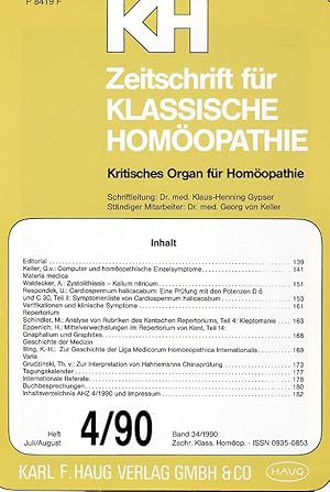 Seller image for KH - Zeitschrift fr Klassische Homopathie. Kritisches Organ fr Homopathie. Band 34/1990, Heft 4/90, Juli / Aug. for sale by Fundus-Online GbR Borkert Schwarz Zerfa