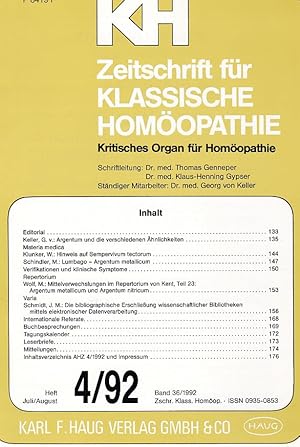 KH - Zeitschrift für Klassische Homöopathie. Kritisches Organ für Homöopathie. Band 36/1992, Heft...