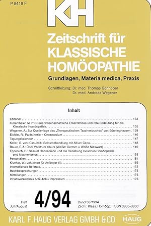 Seller image for KH - Zeitschrift fr Klassische Homopathie. Grundlagen, Materia medica, Praxis. Band 38/1994, Heft 4/94, Juli / Aug. for sale by Fundus-Online GbR Borkert Schwarz Zerfa