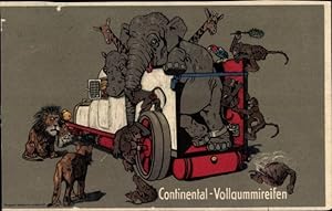 Ansichtskarte / Postkarte Continental Vollgummireifen, Automobil, Elefant, Löwen, Giraffen, Affen